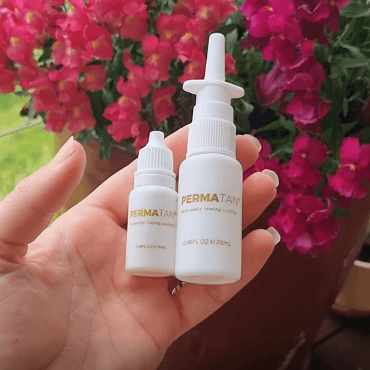 Jumbo tanning nasal spray drops bundle displayed on white pedestals for maximum tanning results.